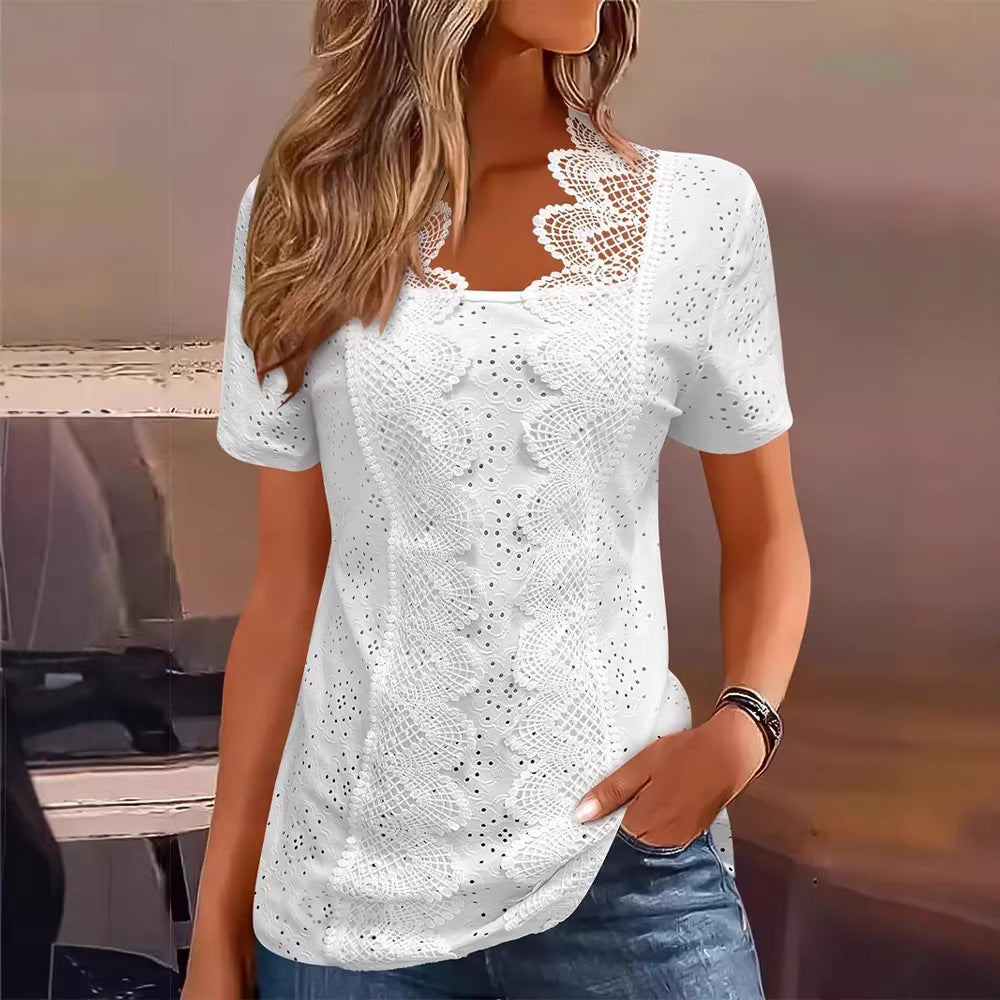 Damen nan Lochstickerei-Bluse mit Spitzenpasse und quadratischem Ausschnitt Echo Archiv
