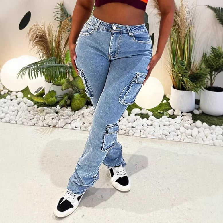 Damen Cargo-Denim-Jeans mit hoher Taille, Slim‑Fit-Hüfte und aufgesetzten Utility-Taschen Echo Archiv