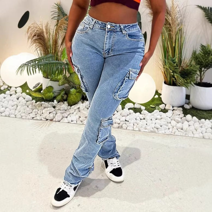 Damen Cargo-Denim-Jeans mit hoher Taille, Slim‑Fit-Hüfte und aufgesetzten Utility-Taschen Echo Archiv