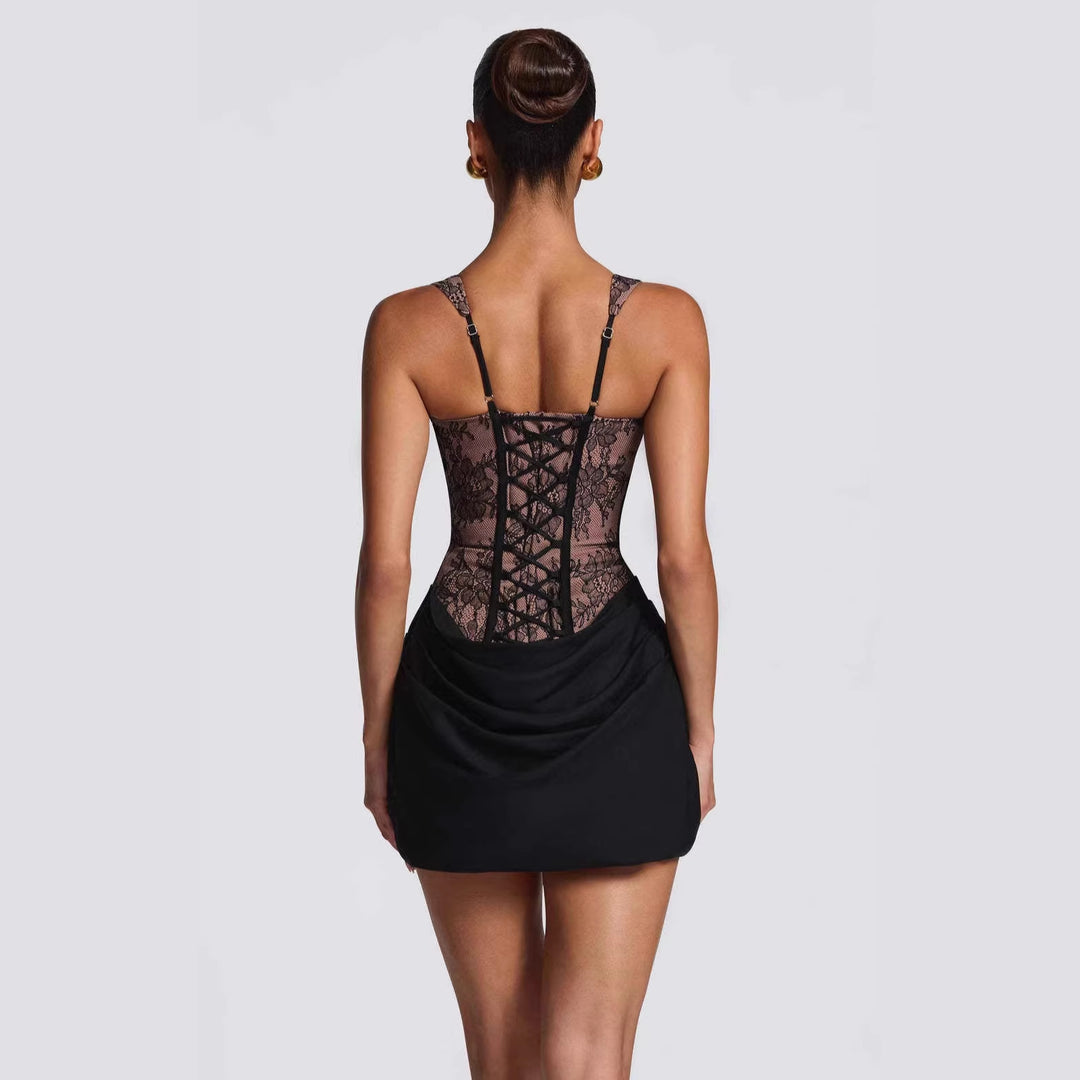 Damen Korsett-Kleid mit luxuriösen Spitzenakzenten und drapiertem Rock Echo Archiv