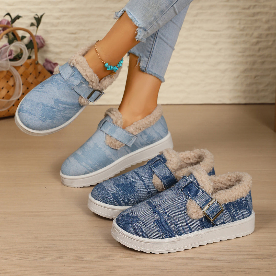 Damen Gefütterte Denim-Slip-On Hausschuhe mit Teddyfutter und verstellbarem Schnallenriemen Echo Archiv