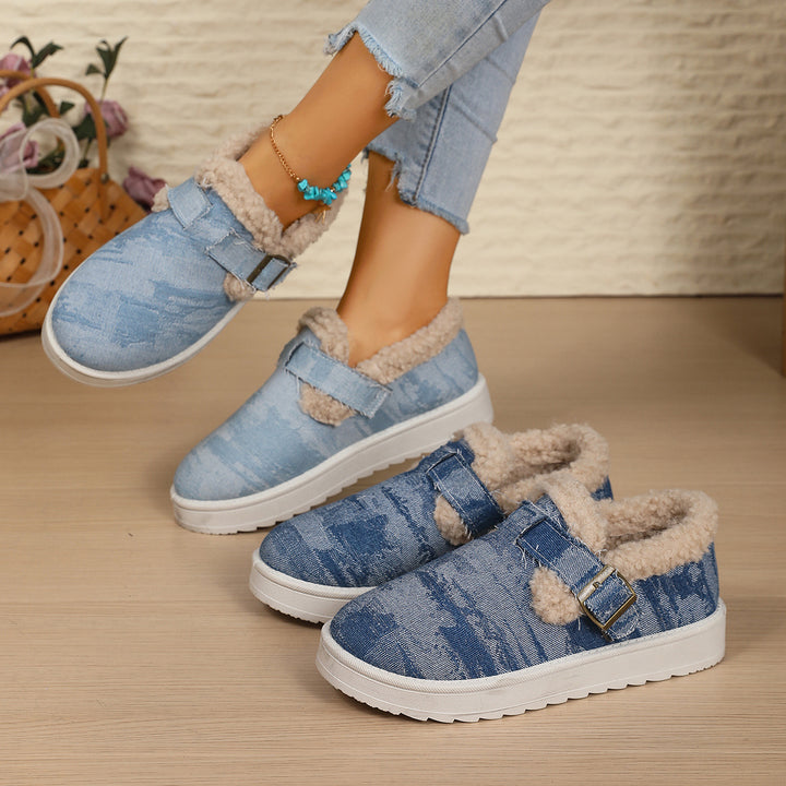 Damen Gefütterte Denim-Slip-On Hausschuhe mit Teddyfutter und verstellbarem Schnallenriemen Echo Archiv