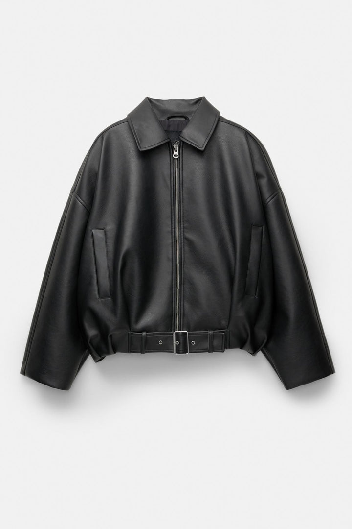 Damen Oversized Lederimitat-Blouson mit Taillengürtel Echo Archiv