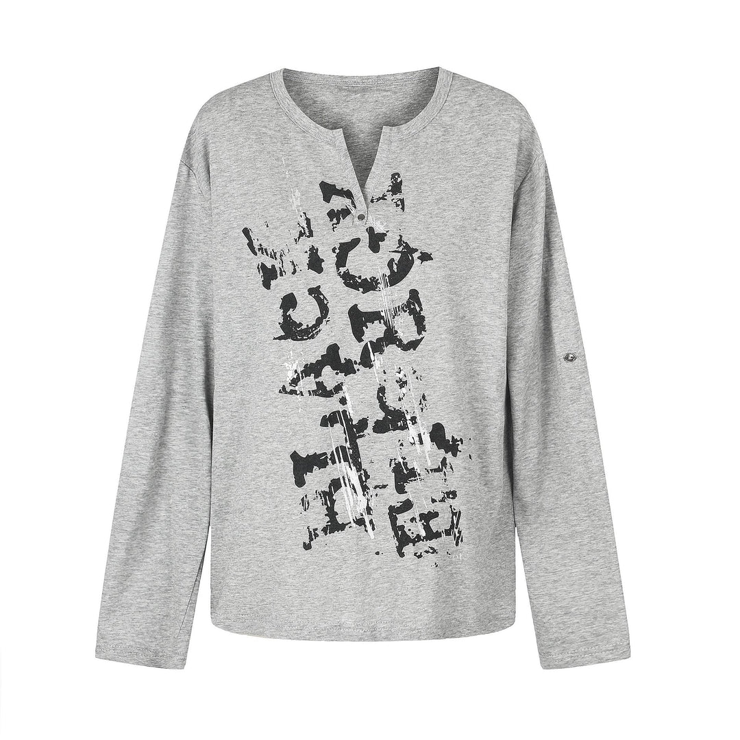 Damen Lässiges Langarmshirt mit Notch‑Ausschnitt, Oversize‑Silhouette und Druckgrafik Echoarchiv