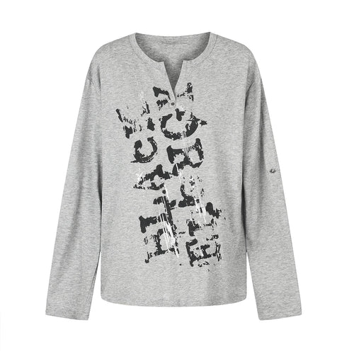 Damen Lässiges Langarmshirt mit Notch‑Ausschnitt, Oversize‑Silhouette und Druckgrafik Echoarchiv