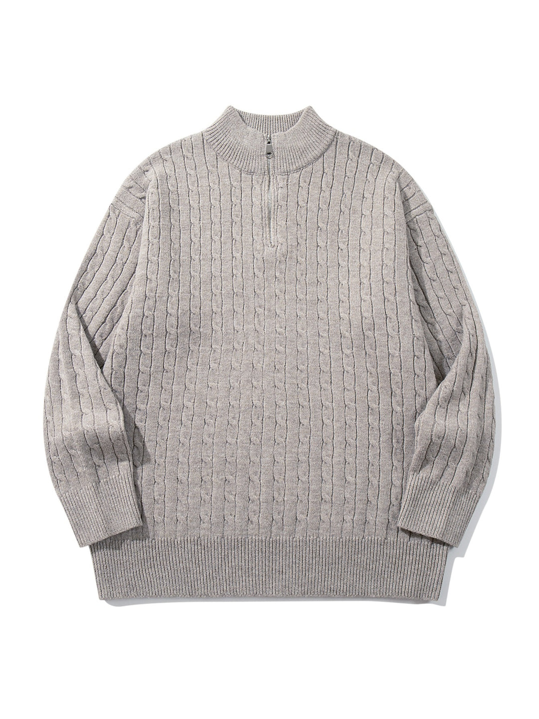 Unisex Zopfmuster-Halbzip-Strickpullover mit hohem Rippkragen und längerem Saum Echoarchiv