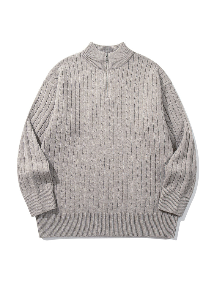 Unisex Zopfmuster-Halbzip-Strickpullover mit hohem Rippkragen und längerem Saum Echoarchiv