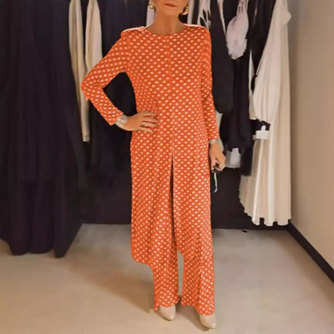 Damen nan Pünktchen-Lounge-Ensemble mit langer A-Linien-Tunika, mittigem Frontschlitz und weiter Palazzohose Echo Archiv