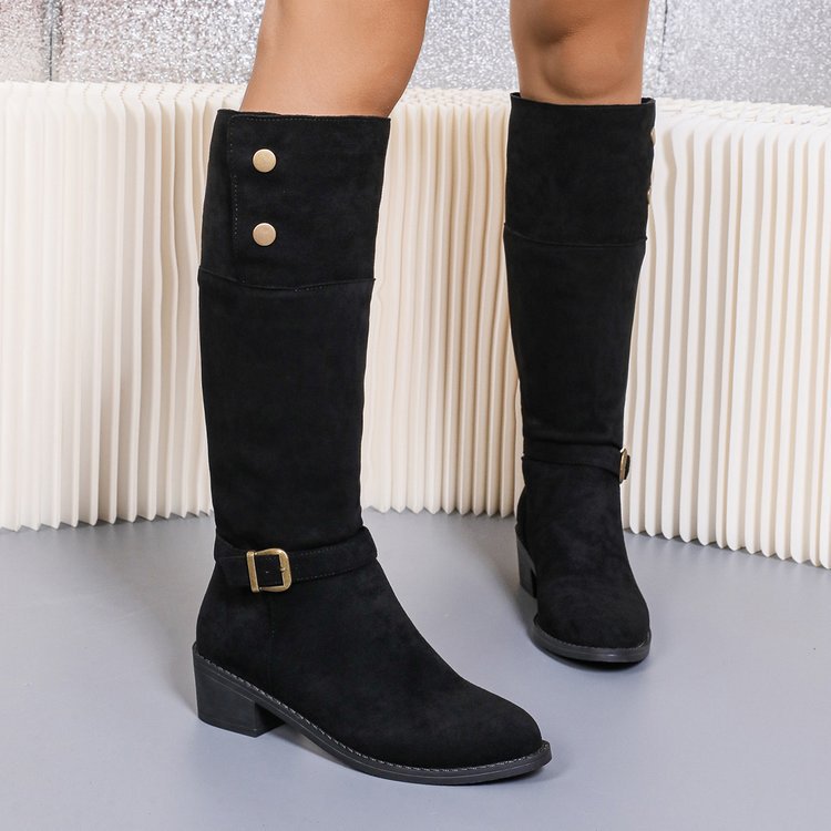 Damen kniehohe Velourslederstiefel mit niedrigem Blockabsatz und Zierriemen – Lioré