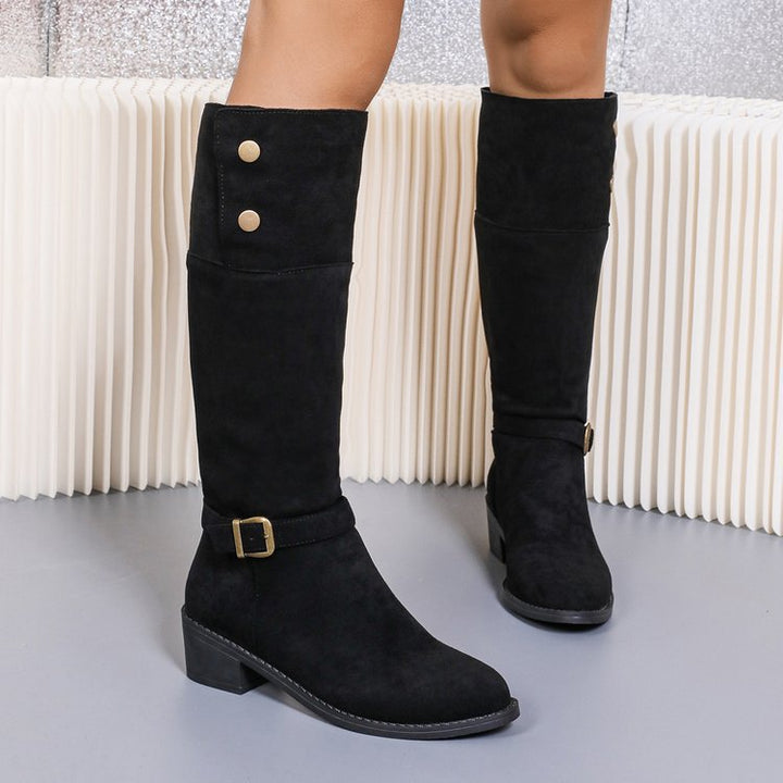Damen kniehohe Velourslederstiefel mit niedrigem Blockabsatz und Zierriemen – Lioré