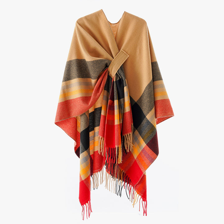 Damen Strickponcho mit geometrischem Blockmuster und Fransen Echo Archiv