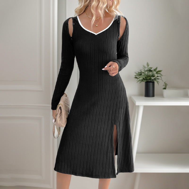 Damen Geripptes Strick-Midikleid mit V-Ausschnitt, figurbetonter Silhouette und seitlichem Schlitz Echoarchiv
