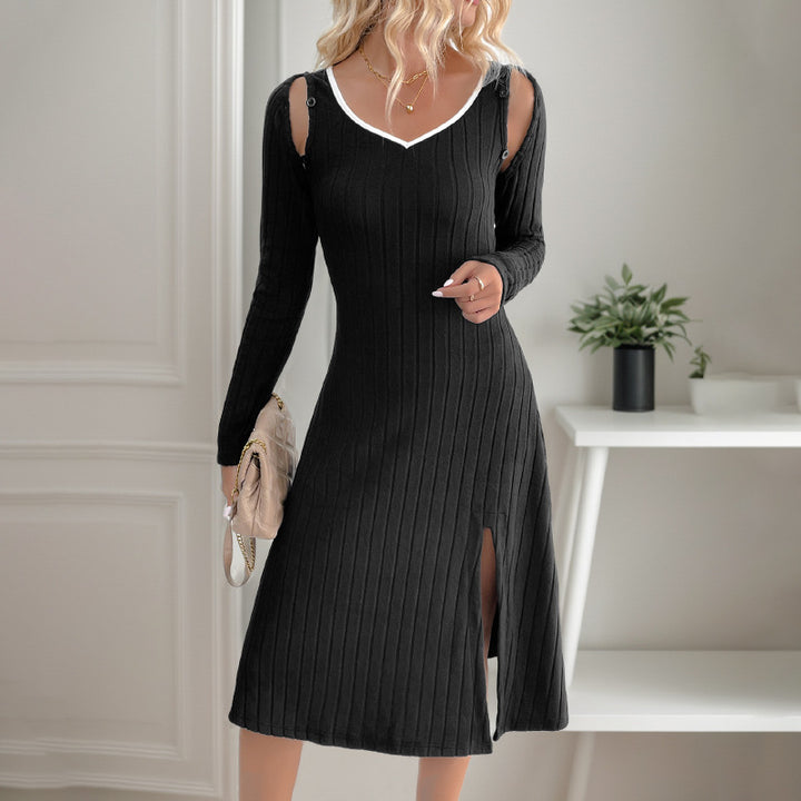 Damen Geripptes Strick-Midikleid mit V-Ausschnitt, figurbetonter Silhouette und seitlichem Schlitz Echoarchiv