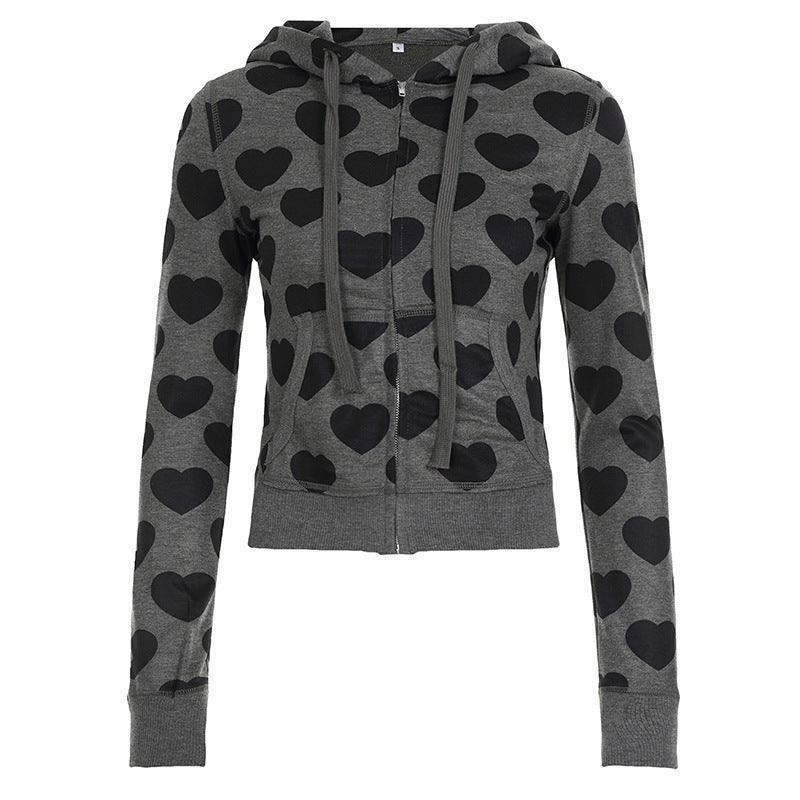 Damen Kurze Kapuzenjacke mit Reißverschluss, Kängurutasche und Allover-Herzmuster – Auréline