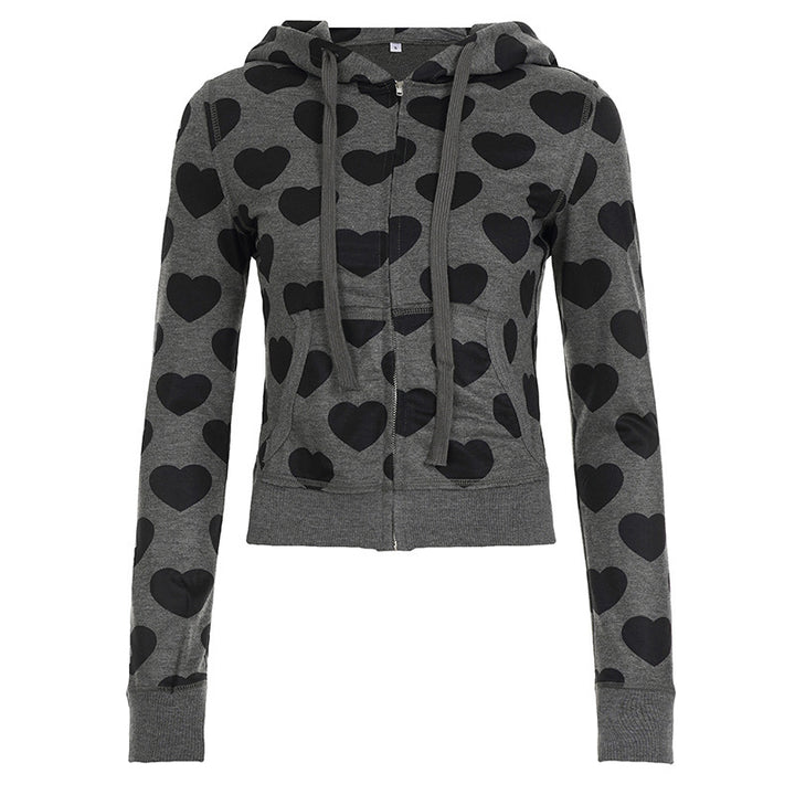 Damen Kurze Kapuzenjacke mit Reißverschluss, Kängurutasche und Allover-Herzmuster – Auréline