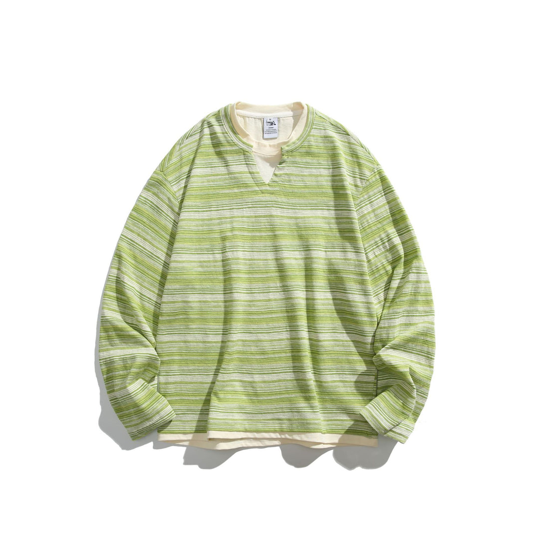 Unisex Gestreiftes Langarmshirt mit V-Notch und Lagen-Effekt Echoarchiv