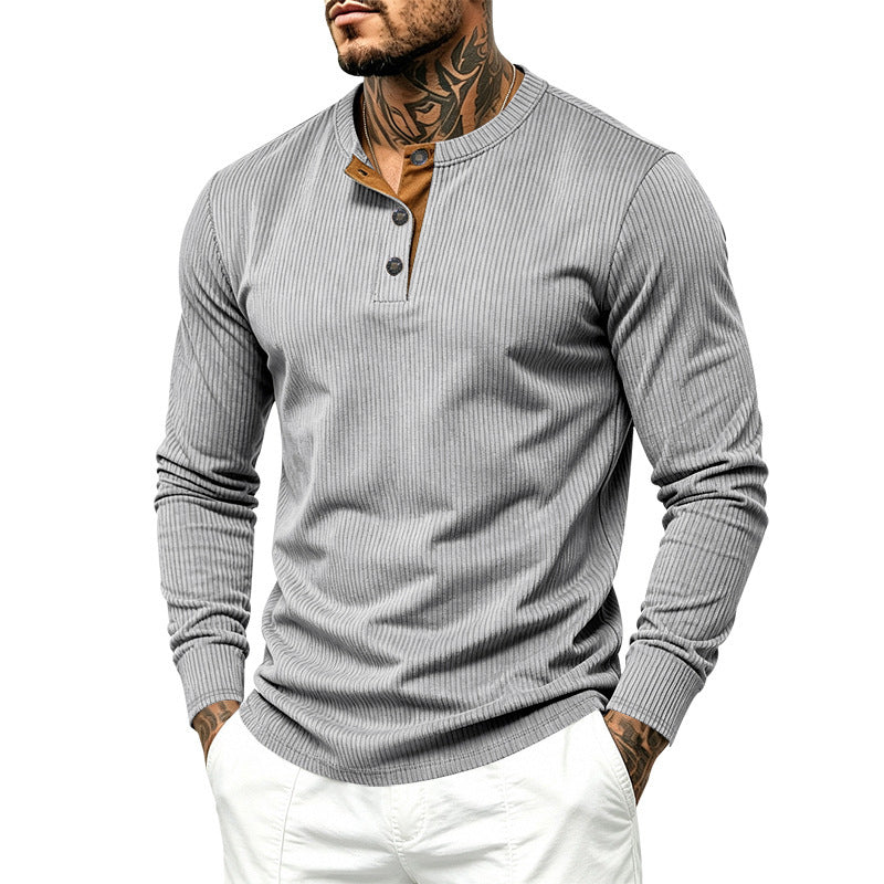 Herren Geripptes Henley-Langarmshirt aus Feinstrick mit Stehkragen und Knopfleiste – Norvane