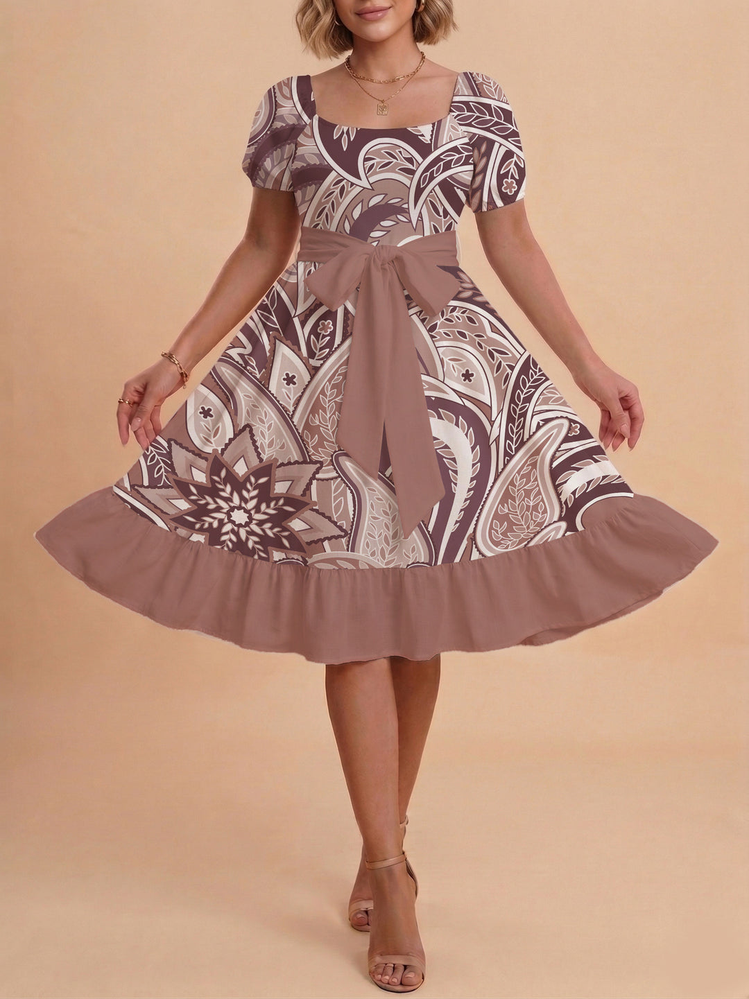 Damen modernes Blumenkleid mit elegantem Taillengürtel und asymmetrischem Saum Echo Archiv