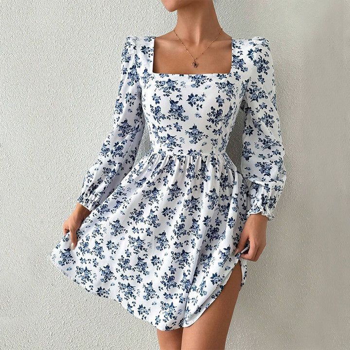 Damen florales Minikleid mit quadratischem Ausschnitt tailliertem Schößchen und langen Puffärmeln – Élara