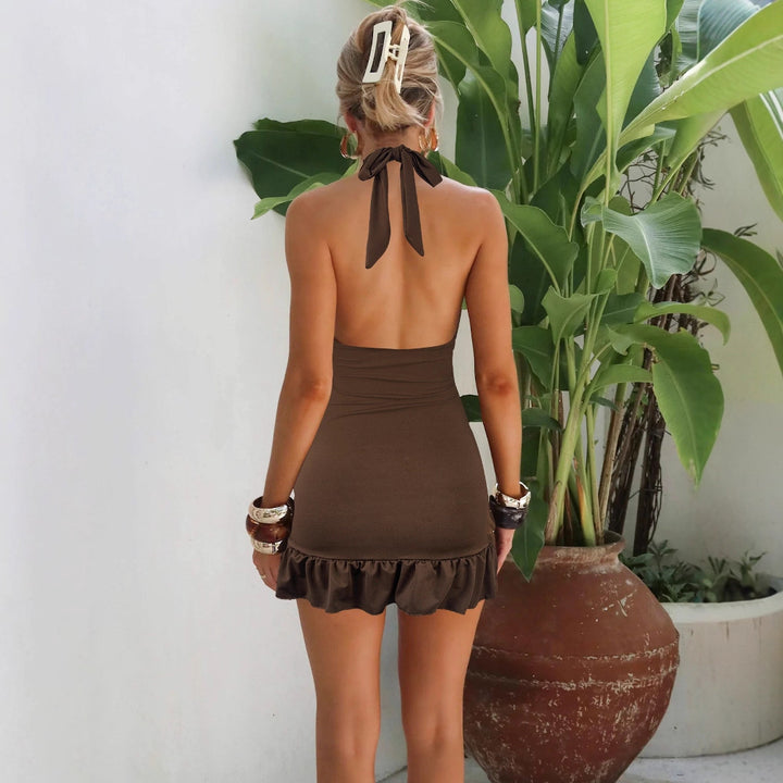 Damen ärmelloses Minikleid mit hohem Kragen und Rüschensaum Echo Archiv