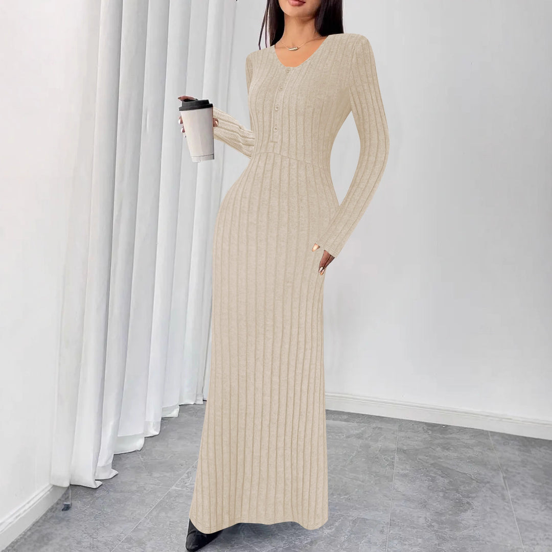 Damen Geripptes Tailliertes Maxikleid mit Knopfpatent und Rundhalsausschnitt Echoarchiv