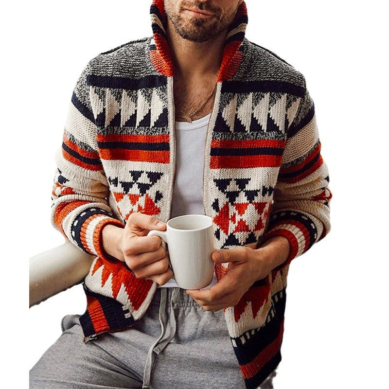 Herren Strickjacke mit geometrischem Muster und hoher Kragen Echoarchiv