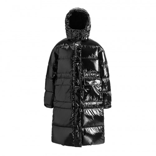 Damen langer glänzender gesteppter Puffer-Mantel mit Kapuze, Utility-Taschen und Oversize-Silhouette Echo Archiv