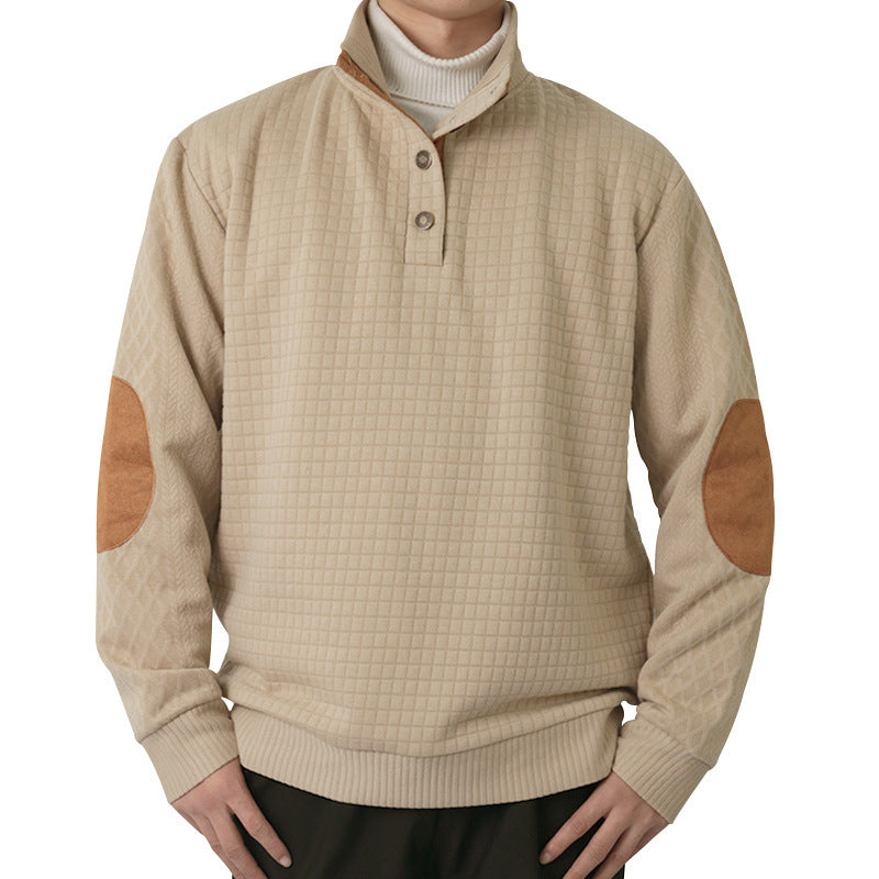 Herren Waffelstrick-Halbzip-Pullover mit Stehkragen Lederbesatz und Ellbogenpatches Echoarchiv