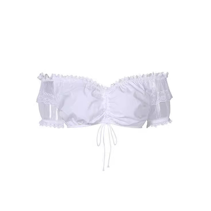 Damen  Dirndlbluse Carmen Ausschnitt mit Spitzenärmeln und Bindeband Echo Archiv