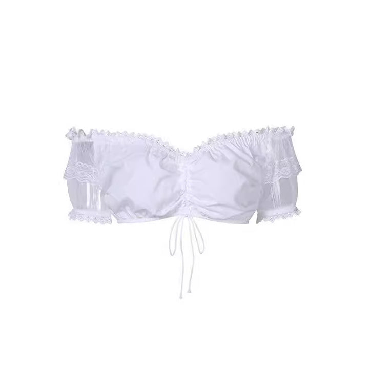 Damen  Dirndlbluse Carmen Ausschnitt mit Spitzenärmeln und Bindeband Echo Archiv