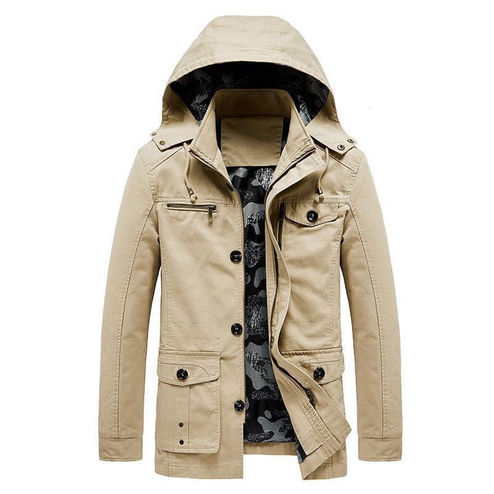 Herren mittellange Canvas-Fieldjacke mit Kapuze, Cargo‑Taschen und Camouflage‑Innenfutter Echo Archiv