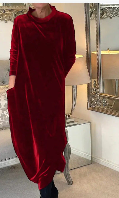Damen Elegantes Samt Maxi Kleid mit Hohem Rollkragen, Seitentaschen und Lockere Silhouette Echoarchiv
