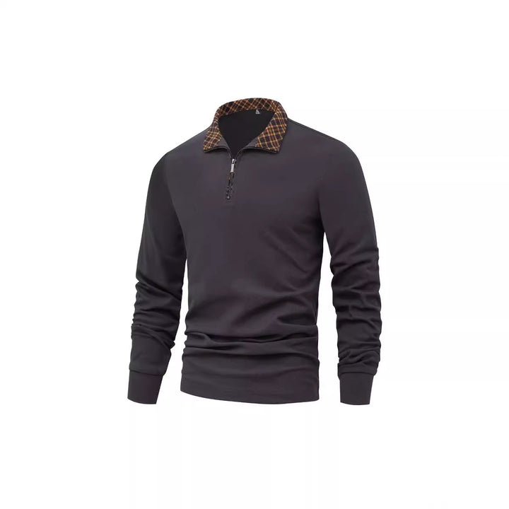 Herren Langarm-Halbzip-Pullover mit Stehkragen und kariertem Innenkragen – Marzano