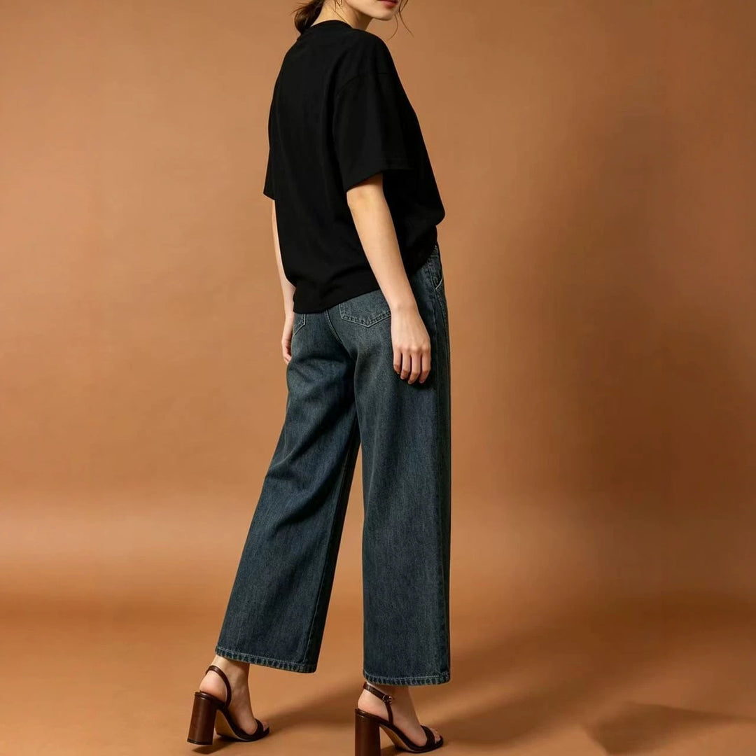 Damen nan hohe Taille Plissée Wide-Leg-Denimhose mit verkürztem Bein und dekorativen Vorderfalten Echo Archiv