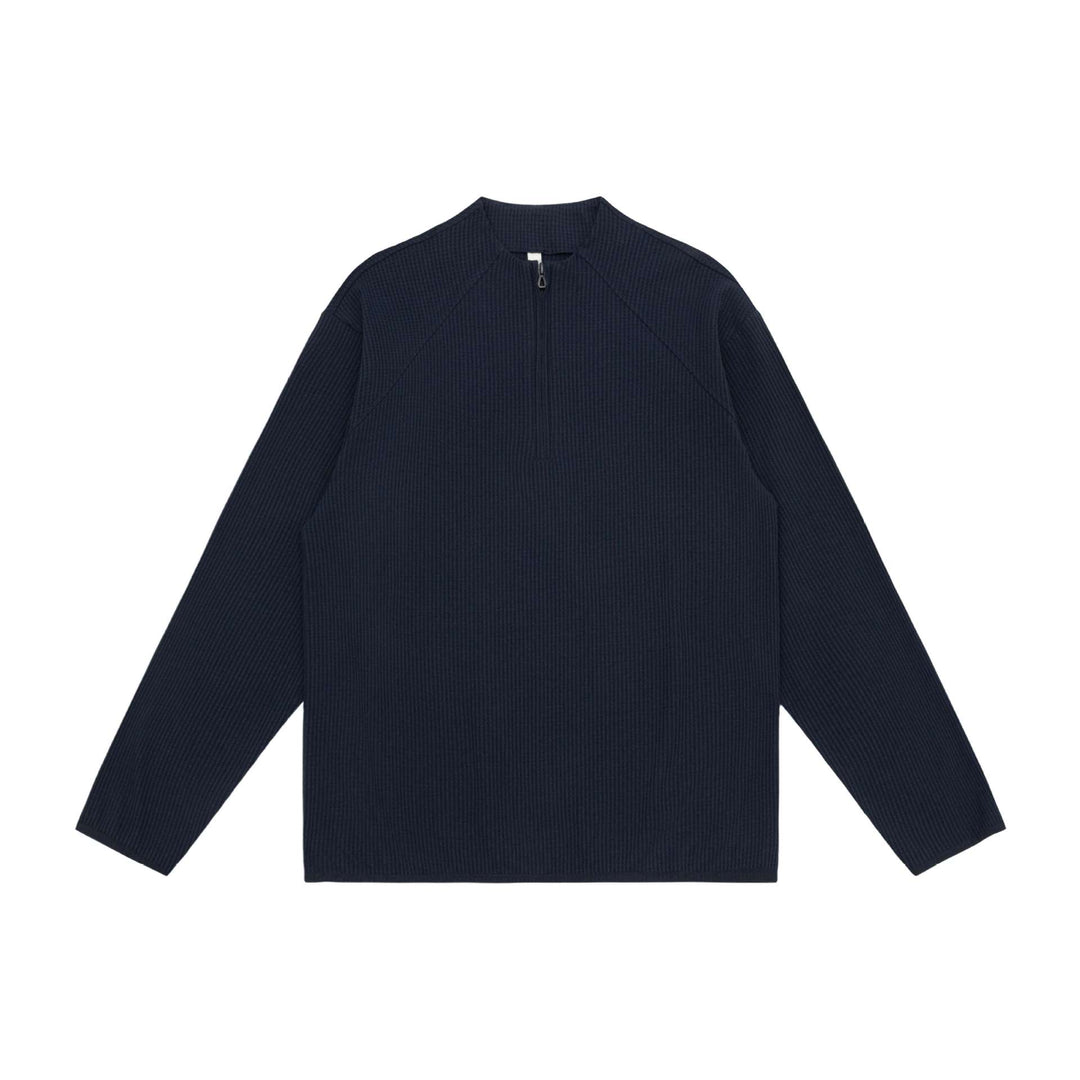 Unisex Waffelstruktur-Halbzip-Pullover mit kurzem Reißverschluss und kastiger Silhouette Echoarchiv