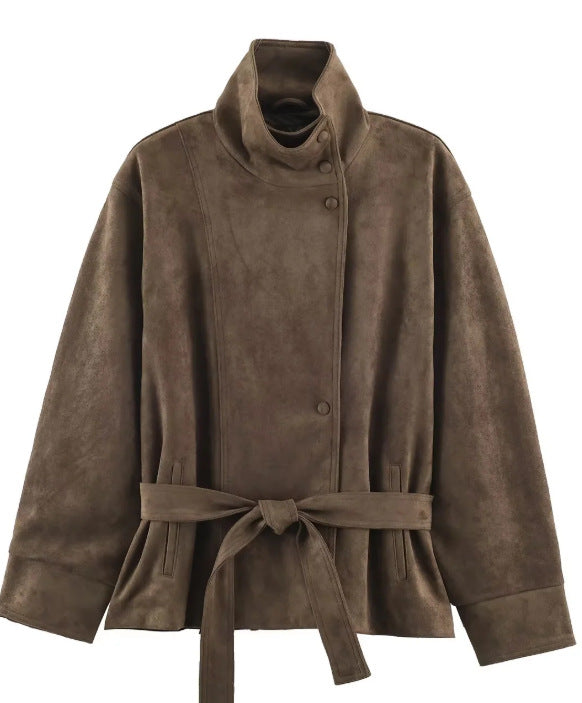 Damen Veloursleder-Optikjacke mit hohem Stehkragen und Taillengürtel Echo Archiv