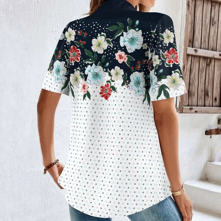 Damen nan Kurzarm-Polokragen-Tunika mit floralem Passe und Allover-Pünktchenprint Echo Archiv