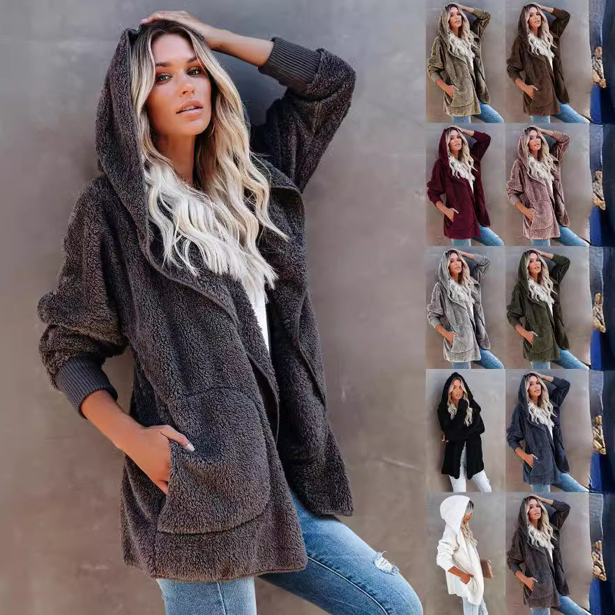Damen Flauschige Kapuzenjacke mit Taschen und hohen Bündchen Echoarchiv