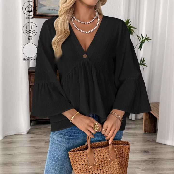 Damen nan elegante Empire-Bluse mit V-Ausschnitt, geraffter Brustnaht und Glockenärmeln Echo Archiv