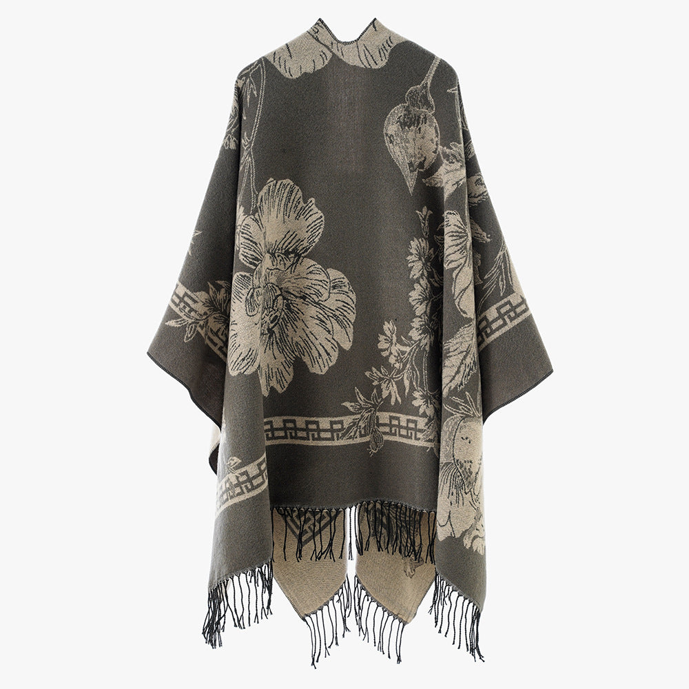 Damen Rechteckiger Jacquard-Überwurf mit floralem Allovermotiv und Fransensaum – Avérine