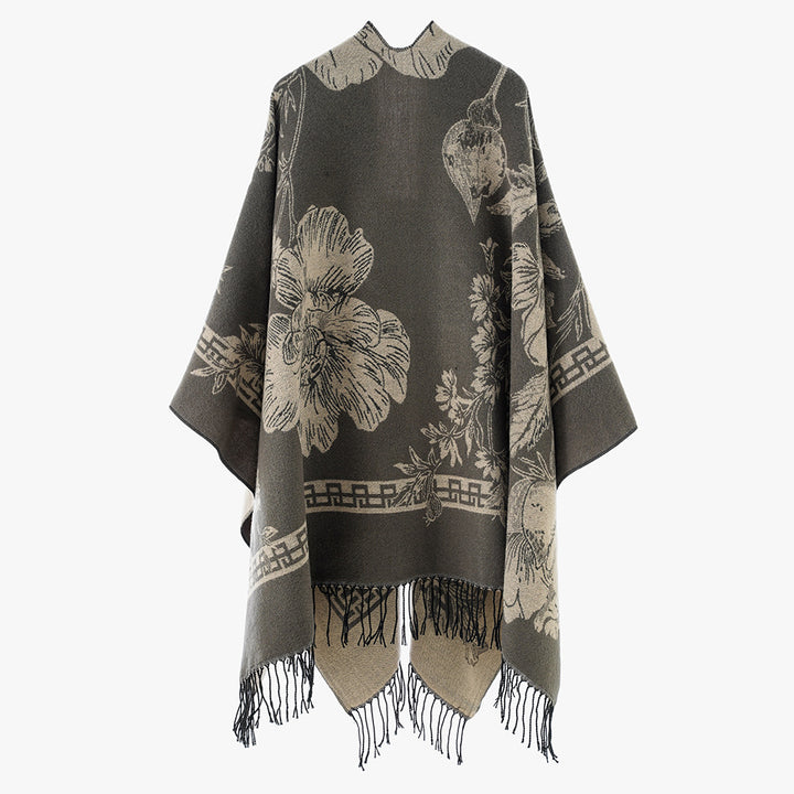 Damen Rechteckiger Jacquard-Überwurf mit floralem Allovermotiv und Fransensaum – Avérine