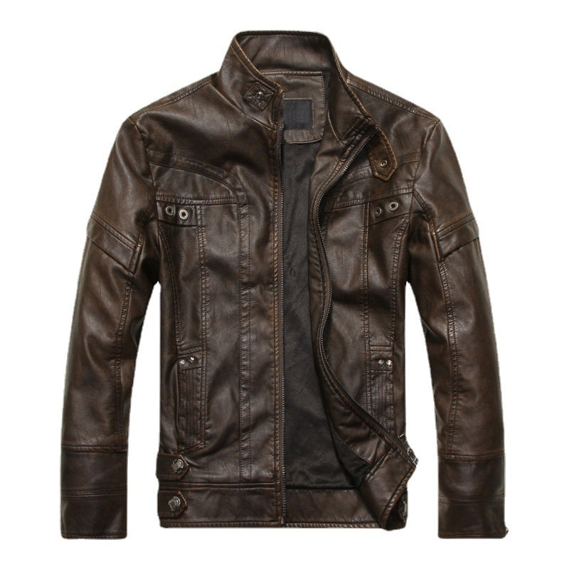 Herren Lederjacke im Bikerstil mit Stehkragen und Ziernähten – Valtoré