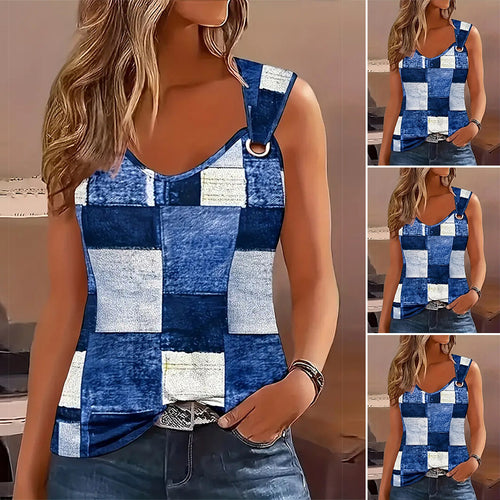 Damen nan ärmelloses Patchwork-Top mit D-Ring-Trägern und leicht asymmetrischem Saum Echo Archiv
