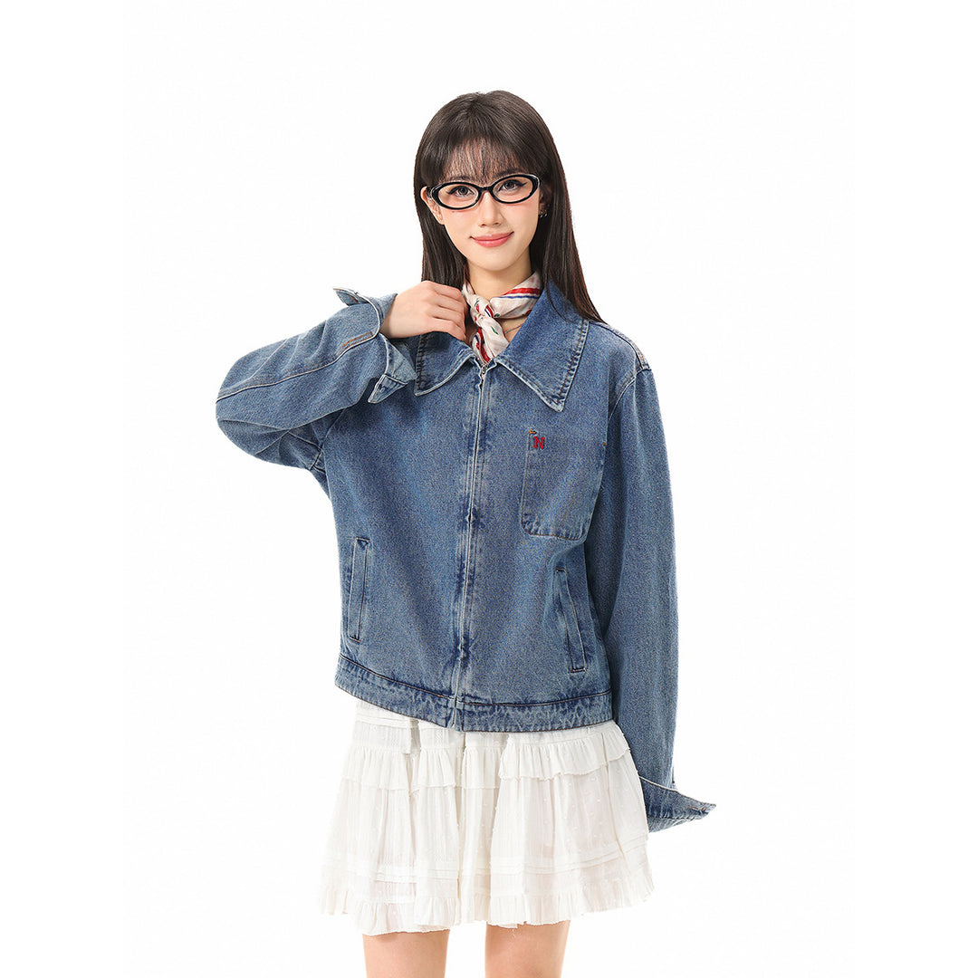 Damen Kurze Oversize-Denimjacke mit durchgehendem Reißverschluss und Brusttasche Echoarchiv
