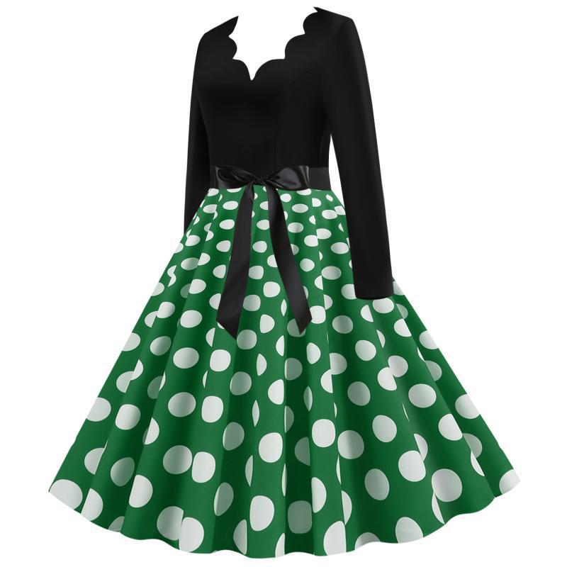 Damen Retro Swingkleid im Vintage-Stil mit welligem V-Ausschnitt, langärmliger Oberteil, Polka-Dot Tellerrock und Satin-Taillengürtel – Élara