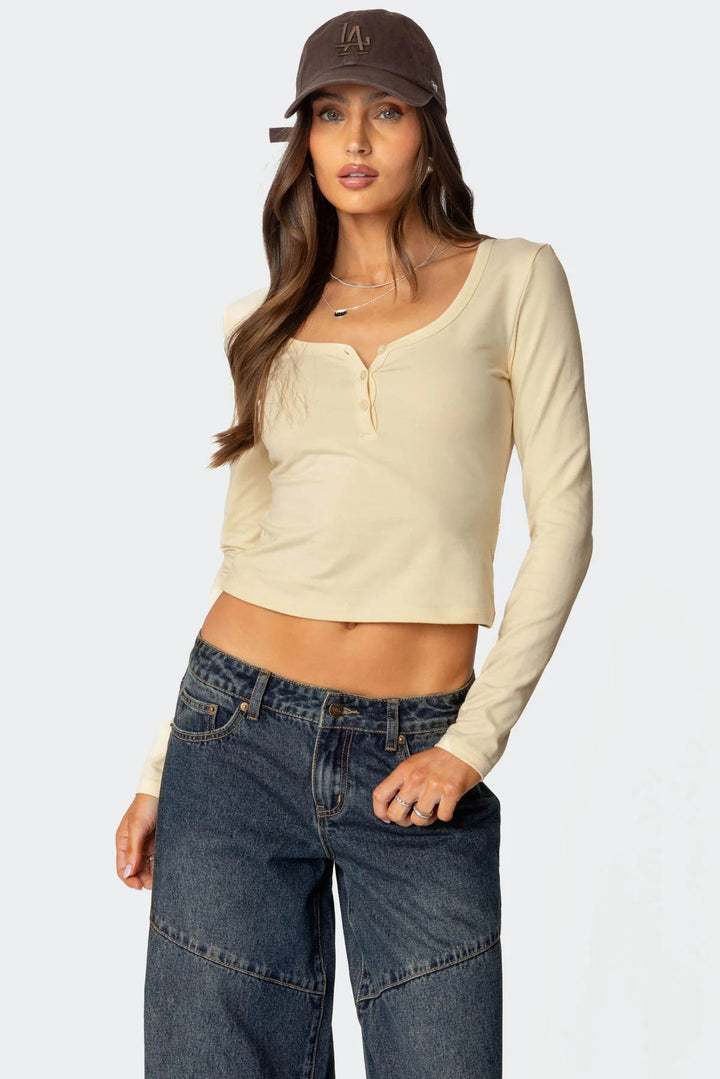 Damen Cropped Langarmhemd mit Knopfleiste und weichem Stoff Echo Archiv