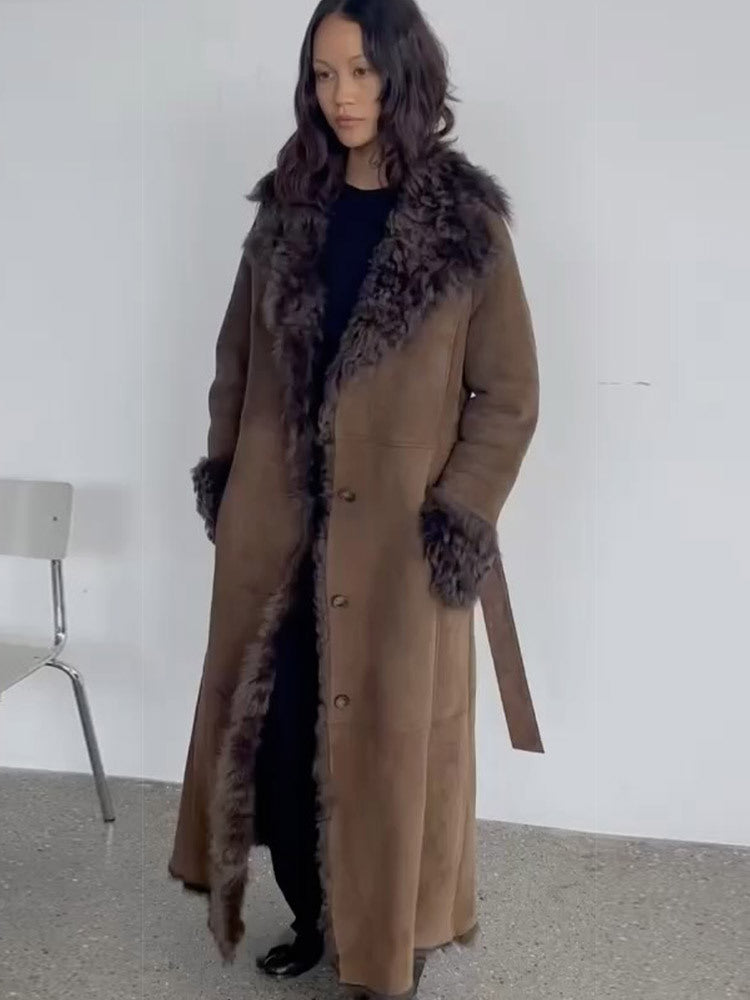 Damen Maxilanger Kunstvelours-Mantel im Shearling-Stil mit Schalkragen und Knopfleiste Echoarchiv