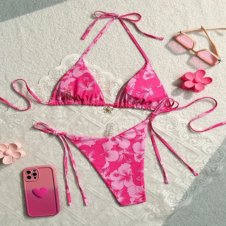 Damen Triangel-Bikini mit floralen Akzenten und verstellbaren Bindebändern Echo Archiv