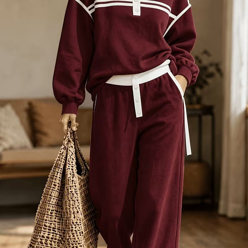 Damen Lounge-Set aus weichem Jersey mit Polokragen, Kontraststreifen und weiter Jogpant – Élanora