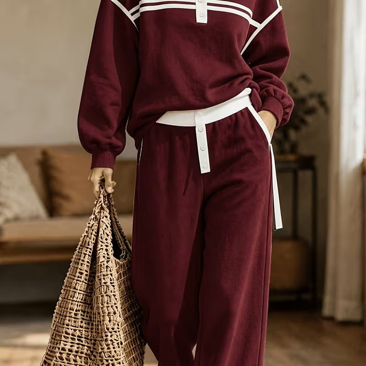 Damen Lounge-Set aus weichem Jersey mit Polokragen, Kontraststreifen und weiter Jogpant – Élanora